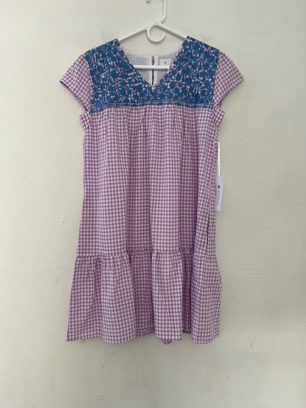 Pink Gingham Casual Dress with Blue Floral Yoke